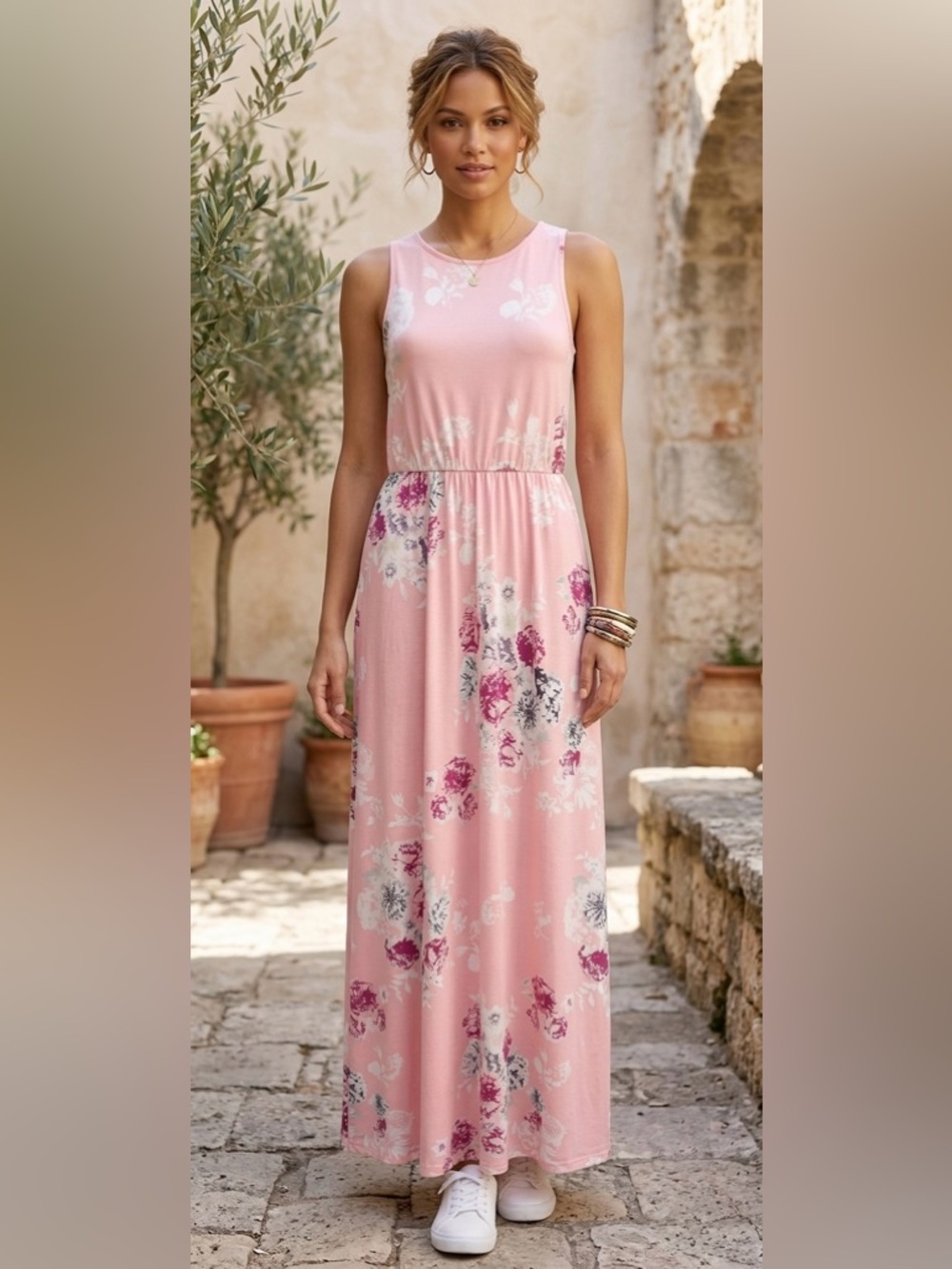 Summer Pink Floral High Neck Maxi with Elastic Waist Size XL NWOT